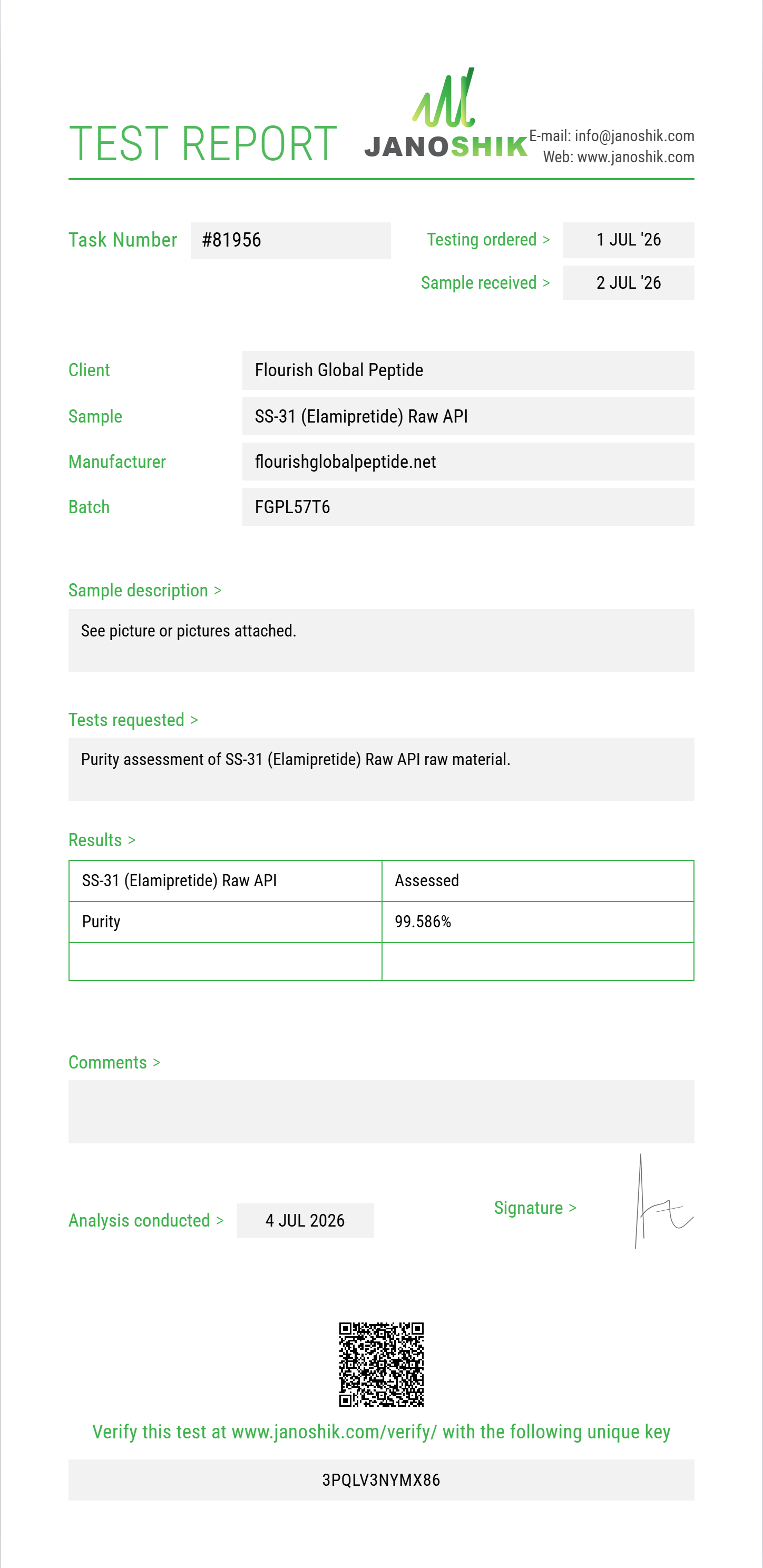 SS-31 (Elamipretide) Raw Purity (HPLC) report by Janoshik Analytical
